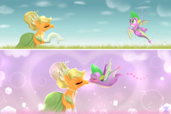 Size: 3000x2000 | Tagged: safe, artist:darksly, derpibooru import, applejack, spike, dragon, earth pony, pony, g4, 2 panel comic, age difference, alternate hairstyle, clothes, comic, commission, dress, duo, duo male and female, evening gloves, eyes closed, female, floating heart, gloves, handkerchief, heart, high res, jewelry, kiss on the lips, kissing, kissy face, long gloves, male, mare, necklace, princess tiana, ship:applespike, shipping, straight, the princess and the frog, tiana, winged spike, wings