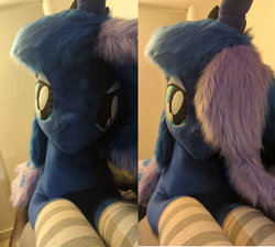 Size: 1612x1444 | Tagged: artist needed, safe, derpibooru import, princess luna, g4, alternate hairstyle, clothes, hair over one eye, irl, looking at you, missing accessory, photo, plushie, socks