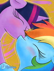 Size: 3000x3900 | Tagged: safe, artist:reinbou, derpibooru import, rainbow dash, twilight sparkle, alicorn, pegasus, pony, g4, abstract background, female, kiss on the lips, kissing, lesbian, mare, shipping, twidash