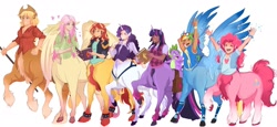 Size: 2047x943 | Tagged: safe, artist:inkrred, derpibooru import, applejack, fluttershy, pinkie pie, rainbow dash, rarity, spike, sunset shimmer, tank, twilight sparkle, centaur, human, taur, tortoise, g4, alternate mane seven, breasts, centaur pie, centaur sunset, centaur twilight, centaurdash, centaurified, centaurity, centaurjack, centaurshy, cleavage, clothes, eared humanization, eyes closed, female, floating heart, goggles, goggles on head, heart, horn, horned humanization, horse ears, humanized, light skin, male, mane seven, mane six, open mouth, open smile, outstretched arms, pegataur, plaid shirt, shirt, simple background, smiling, species swap, spread wings, tan skin, uniform, white background, winged humanization, wings, wonderbolt trainee uniform