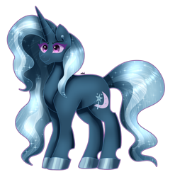 Size: 1280x1295 | Tagged: safe, artist:dazzlingmimi, derpibooru import, trixie, pony, unicorn, g4, cloven hooves, diamond pupils, female, horn, long legs, nightmare trixie, nightmarified, simple background, solo, starry hair, transparent background