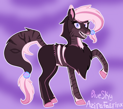 Size: 1048x927 | Tagged: safe, artist:azira faerinx, derpibooru import, oc, oc only, earth pony, pony, beads, blank flank, bone, brown coat, brown mane, chest fluff, colored, colored lineart, earth pony oc, female, heart, mare, multicolored eyes, multicolored hair, multicolored mane, multicolored tail, pink hooves, pink nose, pokémon, ponified, raised leg, sharp teeth, smiling, smirk, solo, species swap, stripes, tail, teeth, transformation, transformed, white ear tip