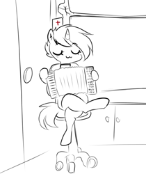 Size: 661x786 | Tagged: safe, artist:thieftea, derpibooru import, oc, oc only, oc:guaiacol, pony, unicorn, :3, accordion, barotrauma, chair, horn, medic, musical instrument, office chair, sitting like a human, sketch, unicorn oc, uwu