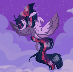 Size: 2366x2337 | Tagged: safe, artist:brybrychan, artist:bryonythewolf, derpibooru import, twilight sparkle, twilight sparkle (alicorn), alicorn, pony, g4, female, flying, high res, mare, open mouth, smiling, solo, upside down