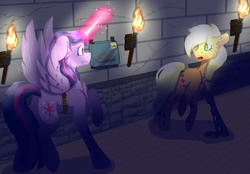 Size: 1780x1242 | Tagged: safe, artist:brybrychan, artist:bryonythewolf, derpibooru import, applejack, twilight sparkle, twilight sparkle (alicorn), alicorn, earth pony, pony, g4, applejack's hat, clothes, corridor, cowboy hat, duo, fanfic art, female, glowing, glowing horn, hat, holes, horn, indoors, mare, raised hoof, raised leg, surprised, torch