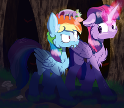 Size: 3456x3000 | Tagged: safe, artist:brybrychan, artist:bryonythewolf, derpibooru import, rainbow dash, spike, twilight sparkle, twilight sparkle (alicorn), alicorn, pegasus, pony, g4, chest fluff, duo, fanfic art, female, forest, glowing, glowing horn, high res, horn, mare, mouth hold, nature, night, smiling, smirk, tree, voodoo, voodoo doll, walking