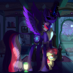 Size: 3000x3000 | Tagged: safe, artist:brybrychan, artist:bryonythewolf, derpibooru import, apple bloom, twilight sparkle, twilight sparkle (alicorn), oc, oc:queen eclipse, alicorn, pony, g4, black sclera, creepypasta, crying, duo, female, filly, foal, high res, indoors, lantern, mare, night, nightmare twilight, nightmarified, scared, spread wings, standing over, unshorn fetlocks, wings, zalgo