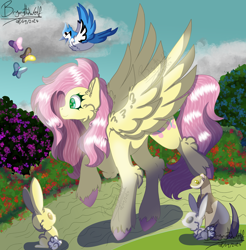 Size: 3126x3173 | Tagged: safe, artist:brybrychan, artist:bryonythewolf, derpibooru import, fluttershy, bird, blue jay, butterfly, pony, rabbit, weasel, g4, animal, bipedal, female, flower, high res, mare, path, pink hooves, smiling, solo, spread wings, unshorn fetlocks, wings