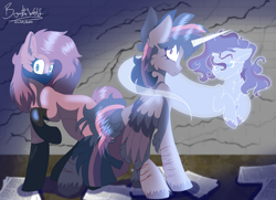 Size: 3375x2439 | Tagged: safe, artist:brybrychan, artist:bryonythewolf, derpibooru import, pinkie pie, rarity, twilight sparkle, twilight sparkle (alicorn), alicorn, earth pony, ghost, pony, undead, unicorn, g4, clothes, colored wings, fanfic art, high res, horn, horn transplant, infection au, looking at you, looking back, looking back at you, mask, pinpoint eyes, scar, self harm, self harm scars, socks, surgical mask, trio, two toned wings, unshorn fetlocks, wings