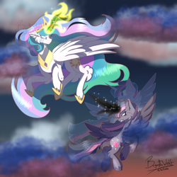 Size: 3000x3000 | Tagged: safe, artist:brybrychan, artist:bryonythewolf, derpibooru import, princess celestia, twilight sparkle, twilight sparkle (alicorn), alicorn, pony, g4, duo, evil twilight, fanfic art, fight, flying, glowing, glowing horn, grin, high res, hock fluff, horn, smiling, teary eyes, unshorn fetlocks