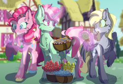 Size: 3728x2543 | Tagged: safe, artist:brybrychan, artist:bryonythewolf, derpibooru import, derpy hooves, minty bubblegum, pinkie pie, earth pony, pegasus, pony, unicorn, g4, background pony, basket, candy, chest fluff, colored hooves, female, food, glowing, glowing horn, grin, high res, hock fluff, hooves, horn, levitation, lollipop, magic, mare, ponyville, raised hoof, raised leg, selling, smiling, telekinesis, trio, underp, unshorn fetlocks