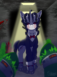 Size: 2127x2825 | Tagged: safe, artist:brybrychan, artist:bryonythewolf, derpibooru import, oc, pony, unicorn, billy the puppet, clothes, high res, horn, horns, looking at you, offscreen character, ponified, pov, roller skates, saw (movie), skates, species swap, tuxedo, unshorn fetlocks