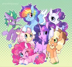 Size: 1071x988 | Tagged: safe, artist:strawbrrycereal, derpibooru import, applejack, fluttershy, pinkie pie, rainbow dash, rarity, spike, twilight sparkle, dracony, dragon, earth pony, hybrid, pegasus, pony, unicorn, g4, horn, mane seven, mane six