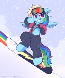 Size: 2216x2636 | Tagged: safe, artist:spookyfoxinc, derpibooru import, rainbow dash, pegasus, g4, goggles, ski suit, slope, snowboard, solo