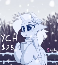 Size: 2000x2224 | Tagged: safe, artist:rieyadraws, derpibooru import, oc, oc only, pony, advertisement, bench, cheek fluff, chocolate, clothes, commission, ear fluff, ears, floppy ears, food, holly, hoof hold, hot chocolate, mug, open mouth, scarf, smiling, snow, snowfall, solo, sparkles, sparkly eyes, tree, wingding eyes, your character here