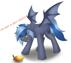 Size: 3299x2917 | Tagged: safe, artist:flapstune, derpibooru import, oc, oc only, oc:pixi feather, bat pony, pony, angry, angry face, bat pony oc, bat wings, blatant lies, chest fluff, denial, ear fluff, ears, fangs, female, fluffy, food, golden eyes, looking at you, mango, mare, signature, simple background, solo, spread wings, two toned mane, wings