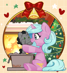 Size: 1552x1707 | Tagged: safe, artist:brella, artist:colorfulcolor233, derpibooru import, king sombra, radiant hope, crystal pony, original species, pony, unicorn, g4, base used, christmas, christmas tree, colt, colt sombra, crystal unicorn, crystallized, female, foal, holiday, horn, male, plush pony, plushie, ship:hopebra, shipping, straight, tree