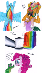 Size: 856x1500 | Tagged: safe, artist:sepiakeys, derpibooru import, gummy, pinkie pie, rainbow dash, twilight sparkle, pegasus, pony, g4, chameleon, fruit, marker drawing, rainbow, traditional art