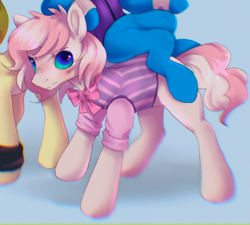 Size: 2019x1818 | Tagged: safe, artist:g4bby4ka, derpibooru import, oc, oc:milo_, pony, blue coat, blue eyes, blushing, bow, bracelet, clothes, fluffy, jewelry, looking up, male, offscreen character, shirt, sitting, stallion, standing, teal sclera, two toned mane, vest, white coat, yellow coat