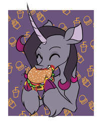 Size: 966x1189 | Tagged: safe, artist:thescornfulreptilian, derpibooru import, oleander, classical unicorn, pony, unicorn, them's fightin' herds, burger, cloven hooves, community related, eating, eyes closed, food, hamburger, hoof hold, horn, meat, passepartout, ponies eating meat, solo, unshorn fetlocks