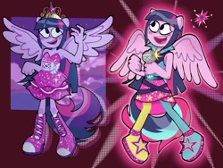 Size: 2000x1500 | Tagged: safe, artist:justinsert_name, derpibooru import, twilight sparkle, twilight sparkle (alicorn), alicorn, human, equestria girls, g4, rainbow rocks, bare shoulders, clothes, crown, female, i can't believe it's not garybaldor, jewelry, microphone, my little pony equestria girls, ponied up, regalia, sleeveless, solo, strapless