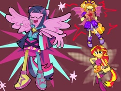 Size: 2000x1500 | Tagged: safe, artist:justinsert_name, derpibooru import, adagio dazzle, sunset shimmer, twilight sparkle, human, siren, equestria girls, g4, rainbow rocks, clothes, disguise, disguised siren, eyes closed, female, gem, lidded eyes, microphone, ponied up, singing, siren gem, wings