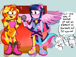 Size: 2048x1536 | Tagged: safe, artist:justinsert_name, derpibooru import, sunset shimmer, twilight sparkle, twilight sparkle (alicorn), alicorn, human, equestria girls, g4, rainbow rocks, bare shoulders, clothes, duo, duo female, female, microphone, nervous, ponied up, pony ears, question mark, sleeveless, smiling