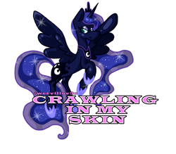 Size: 1280x1122 | Tagged: safe, artist:weevillov3r, derpibooru import, princess luna, alicorn, pony, g4, :<, caption, crown, cute, digital art, female, hoof shoes, jewelry, lidded eyes, linkin park, mare, peytral, princess shoes, regalia, simple background, solo, song reference, sparkling, text, transparent background