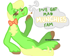 Size: 682x527 | Tagged: safe, artist:weevillov3r, derpibooru import, apple munchies, earth pony, pony, g4, 420 blaze it, :3, apple family member, bow, colored hooves, cute, derp, dialogue, digital art, drugs, fam, female, hair bow, high, hooves, joint, lidded eyes, mare, marijuana, munchies, name pun, open mouth, open smile, reclining, simple background, smiling, smoke, smoking weed, solo, speech bubble, transparent background