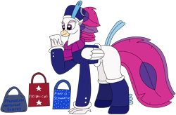 Size: 3124x2046 | Tagged: safe, artist:supahdonarudo, derpibooru import, queen novo, classical hippogriff, hippogriff, g4, bag, clothes, coat, hat, holding, leggings, paper, pearl, pun, scarf, shopping, shopping bag, simple background, solo, transparent background