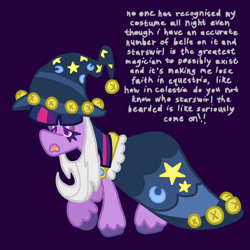 Size: 1280x1280 | Tagged: safe, artist:weevillov3r, derpibooru import, twilight sparkle, unicorn twilight, pony, unicorn, g4, luna eclipsed, bell, cape, clothes, colored hooves, costume, cute, dejected, dialogue, digital art, fake beard, female, hat, hooves, lidded eyes, mare, my little pony: friendship is magic, nightmare night, nightmare night costume, open mouth, purple background, simple background, solo, text, walking, wall of text, wizard hat