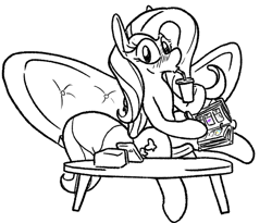 Size: 539x441 | Tagged: safe, artist:dinexistente, derpibooru import, fluttershy, pegasus, pony, g4, black and white, blushing, cellphone, drink, drinking, grayscale, monochrome, phone, soda, sofa, solo