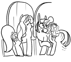 Size: 582x509 | Tagged: safe, artist:dinexistente, derpibooru import, fluttershy, twilight sparkle, unicorn twilight, pegasus, pony, unicorn, g4, alcohol, bashful, black and white, blushing, door, duo, flower, grayscale, magic, magical lesbian spawn, monochrome, offspring, parent:fluttershy, parent:twilight sparkle, parents:twishy, rose, telekinesis, wine