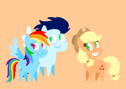 Size: 3553x2499 | Tagged: safe, anonymous artist, derpibooru exclusive, derpibooru import, applejack, rainbow dash, soarin', earth pony, pegasus, pony, series:soarindash relationship, series:soarindash romantic tales, g4, blushing, cute, dashabetes, female, freckles, heartwarming, jackabetes, male, mare, orange background, pointy ponies, primal, rainbow dash is best pony, shipping, simple background, smiling, soarinbetes, soarindash, stallion, stetson, straight, sweet dreams fuel, trio