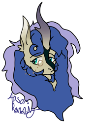 Size: 659x854 | Tagged: safe, artist:arsonrabbit, derpibooru import, oc, oc only, oc:moon glow, alicorn, hybrid, kirin, pony, g4, alicorn oc, blue hair, blue mane, bust, cyan eyes, digital art, facial hair, goatee, gradient horn, horn, hybrid oc, interspecies offspring, kirin oc, looking back, magical lesbian spawn, male, monocle, offspring, parent:princess luna, parent:rain shine, parents:rainuna, scales, sideburns, signature, simple background, solo, stallion, tan coat, white background, wings