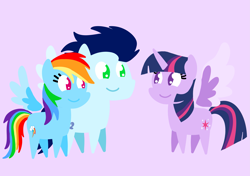 Size: 3553x2499 | Tagged: safe, anonymous artist, derpibooru exclusive, derpibooru import, rainbow dash, soarin', twilight sparkle, twilight sparkle (alicorn), alicorn, pegasus, pony, series:soarindash relationship, series:soarindash romantic tales, g4, cute, dashabetes, female, heartwarming, looking at each other, looking at someone, male, mare, pointy ponies, primal, purple background, rainbow dash is best pony, redemption, romantic, shipping, simple background, smiling, smiling at each other, soarinbetes, soarindash, stallion, straight, sweet dreams fuel, trio, twiabetes