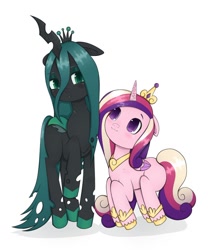 Size: 640x768 | Tagged: safe, artist:jazzhooves, derpibooru import, princess cadance, queen chrysalis, alicorn, changeling, changeling queen, pony, g4, :3, blushing, colored hooves, colored wings, crown, cute, cutealis, cutedance, duo, duo female, ears, eyeshadow, female, floppy ears, folded wings, gold hooves, height difference, hoof shoes, hooves, jewelry, lidded eyes, makeup, mare, peytral, princess shoes, raised hoof, raised leg, regalia, shy, simple background, size difference, smiling, white background, wings