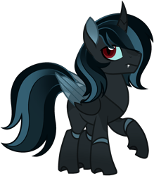 Size: 1586x1814 | Tagged: safe, artist:strawberry-spritz, derpibooru import, oc, oc only, oc:grimoire, changepony, hybrid, g4, base used, black body, blue mane, blue sclera, blue tail, blue wingtips, coat markings, colored pinnae, colored sclera, colored wings, colored wingtips, commission, countershading, curved horn, facial markings, fangs, folded wings, frown, gradient mane, gradient pinnae, gradient tail, horn, hybrid wings, interspecies offspring, leg markings, looking back, male, male oc, offspring, parent:king sombra, parent:queen chrysalis, parents:chrysombra, profile, raised leg, red eyes, simple background, solo, stallion oc, standing, standing on three hooves, tail, transparent background, transparent wings, wings