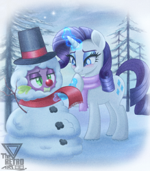 Size: 2000x2286 | Tagged: safe, artist:theretroart88, derpibooru import, rarity, spike, dragon, pony, unicorn, g4, 2d, amused, christmas, clothes, cutie mark, eyeshadow, female, holiday, horn, makeup, male, outdoors, scarf, snow, snowman, tree, unamused, winter