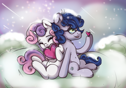 Size: 2360x1640 | Tagged: oc name needed, safe, artist:kristina, derpibooru import, sweetie belle, oc, earth pony, pony, unicorn, g4, canon x oc, commission, couple, cute, duo, female, heart, horn, love, male, snow, straight, ych result