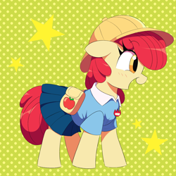 Size: 1500x1500 | Tagged: safe, artist:spoonie, derpibooru import, apple bloom, earth pony, pony, g4, adorabloom, badge, bag, blue shirt, blue skirt, blushing, clothes, collared shirt, cute, female, filly, foal, full body, hat, kindergarten uniform, open mouth, polka dot background, saddle bag, school hat, school uniform, shirt, skirt, solo, stars, yellow hat