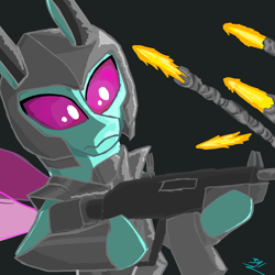 Size: 1234x1234 | Tagged: safe, artist:tex3411, derpibooru import, spiracle, changedling, changeling, g4, armor, black background, bullet, shooting, simple background, weapon