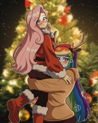 Size: 1024x1280 | Tagged: safe, artist:masterdestroyzj, derpibooru import, fluttershy, rainbow dash, human, equestria girls, g4, ass, belt, blushing, boots, butt, christmas, christmas tree, clothes, coat, costume, duo, duo female, fake antlers, female, flutterdash, grin, hairband, holiday, hoodie, hug, lesbian, lifting, pants, santa costume, shipping, shoes, smiling, tree