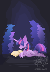 Size: 1640x2360 | Tagged: safe, artist:stirren, derpibooru import, twilight sparkle, twilight sparkle (alicorn), alicorn, pony, g4, book, chibi, crossed legs, lying down, pile of books, reading, smol