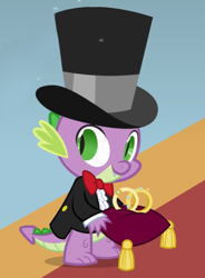 Size: 470x637 | Tagged: safe, derpibooru import, screencap, spike, dragon, a canterlot wedding, g4, season 2, bowtie, clothes, hat, male, my little pony: friendship is magic, ring bearer, royal wedding, solo, spike's first bow tie, suit, top hat