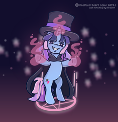 Size: 2488x2569 | Tagged: safe, artist:redpalette, derpibooru import, oc, oc:flawless sparklemoon, unicorn, bipedal, cape, cloak, clothes, fusion, fusion:trixie, fusion:twilight sparkle, fusion:twixie, hat, horn, looking at you, magic, runes, smiling, smiling at you, sparkles, squint, standing, starry eyes, teeth, telekinesis, top hat, unicorn oc, wingding eyes