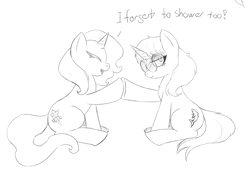 Size: 3024x2094 | Tagged: safe, artist:lillslim, derpibooru import, oc, oc only, oc:almond blossom, pony, unicorn, g4, chest fluff, cutie mark, dialogue, glasses, hoofbump, horn, looking away, monochrome, sitting, sketch, smiling, text