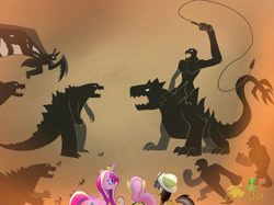 Size: 1033x774 | Tagged: safe, derpibooru import, daring do, fluttershy, princess cadance, ape, gorilla, kaiju, fanfic:a king to a god, g4, godzilla, godzilla (series), hieroglyphics, monsterverse, mothra, shimo, skar king