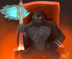 Size: 984x812 | Tagged: safe, artist:lordshrekzilla20, derpibooru import, ape, kaiju, fanfic:a king to a god, axe, barely pony related, king kong, throne, weapon