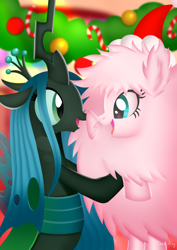 Size: 2480x3508 | Tagged: safe, artist:leonkay, derpibooru import, queen chrysalis, oc, oc:fluffle puff, changeling, pony, boop, canon x oc, chrysipuff, female, lesbian, noseboop, shipping